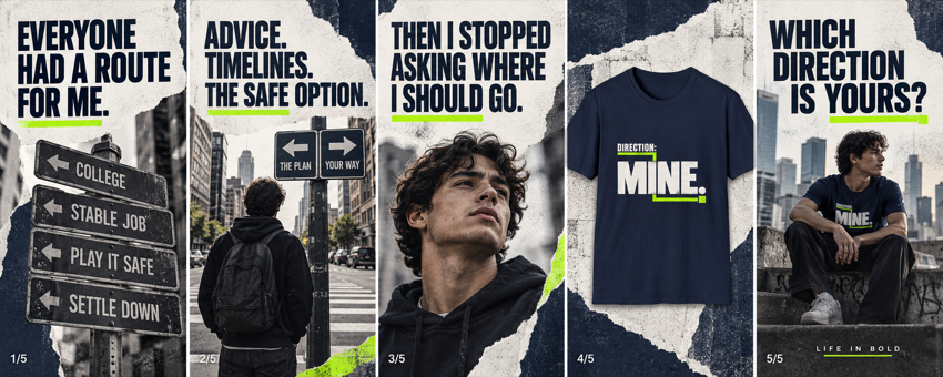 Five-panel campaign strip ending on a navy "Direction: mine." tee, headlined "Which direction is yours?"