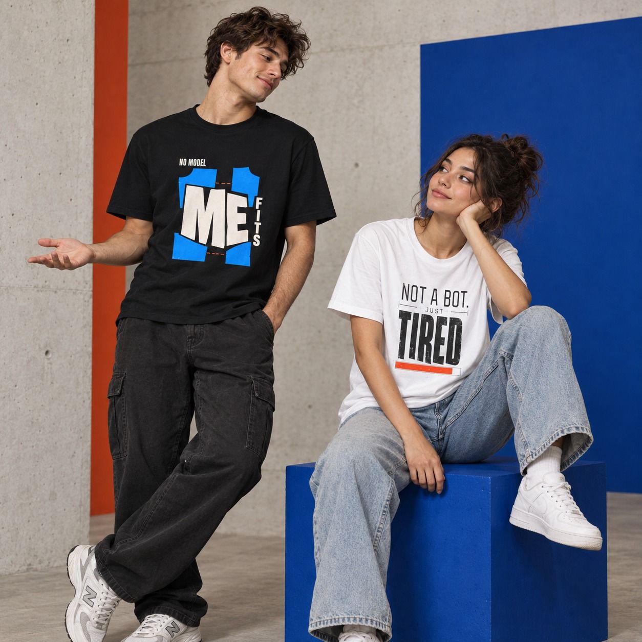 Two people in Life in Bold tees: No Model Fits Me and Not a Bot. Just Tired.
